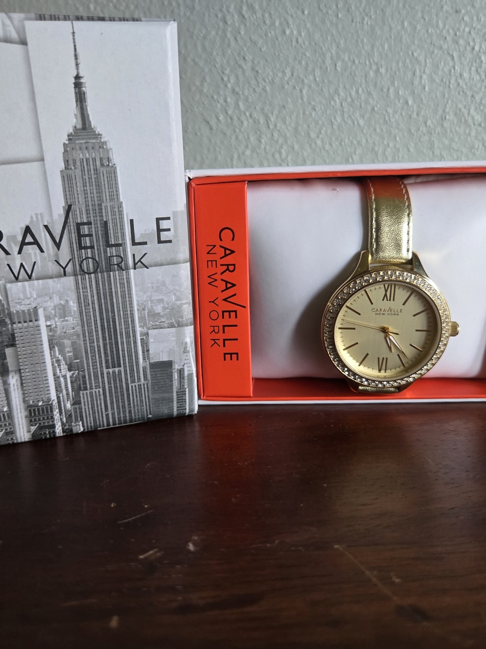 Caravelle New York Women’s Gold Crystal-Accent Leather Strap Watch